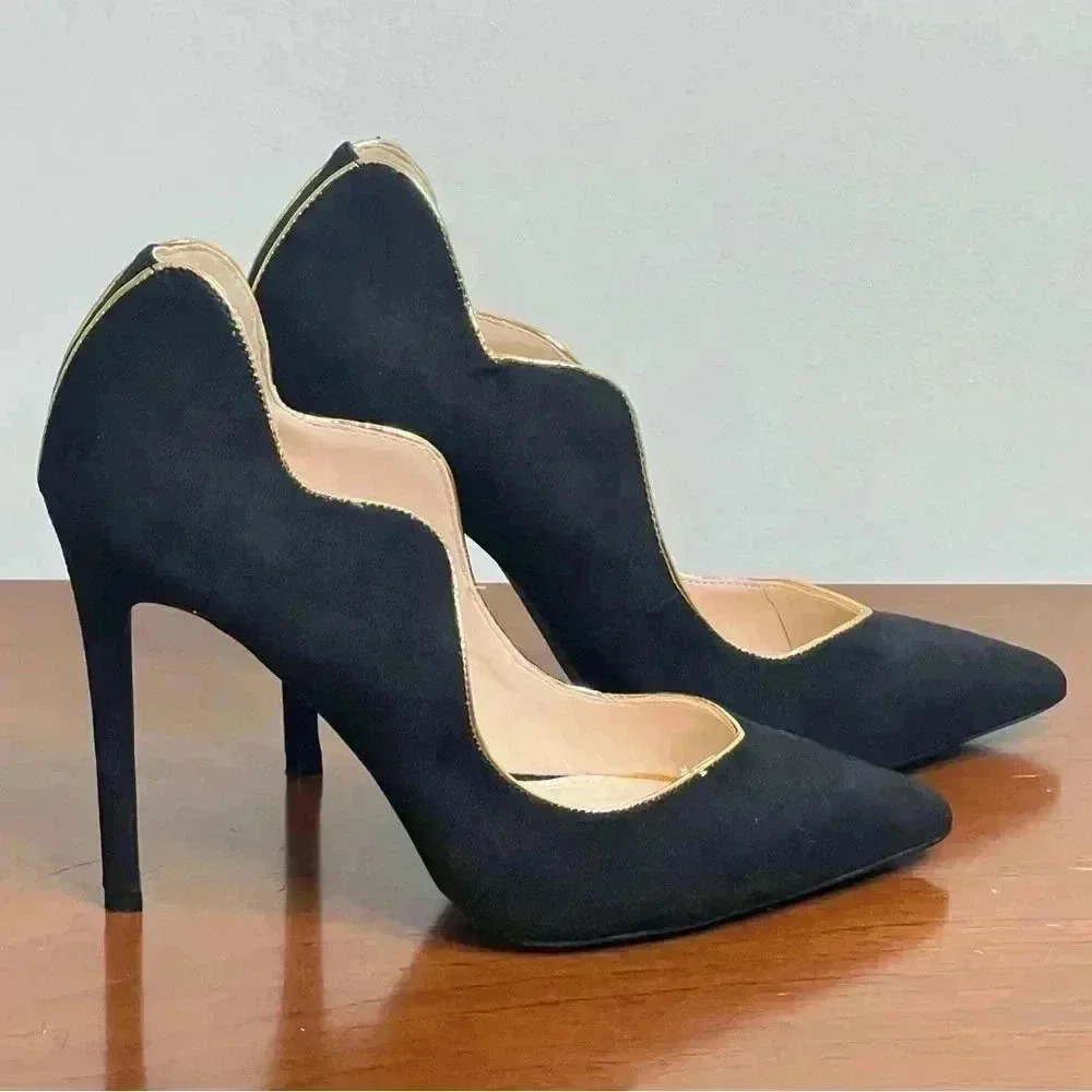 LEMON DROP BY PRIVILEGED BLACK HEELS GOLD TRIM SIZE 8.5 - Picture 8 of 15